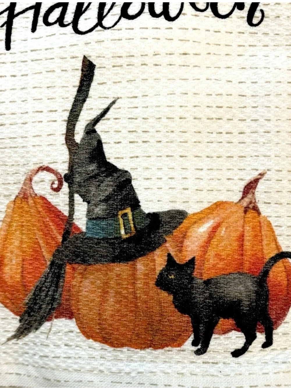 HALLOWEEN KITCHEN TOWEL SET OF 2 BLACK CAT WITCH HAT PUMPKIN WAFFLE WEAVE COTTON